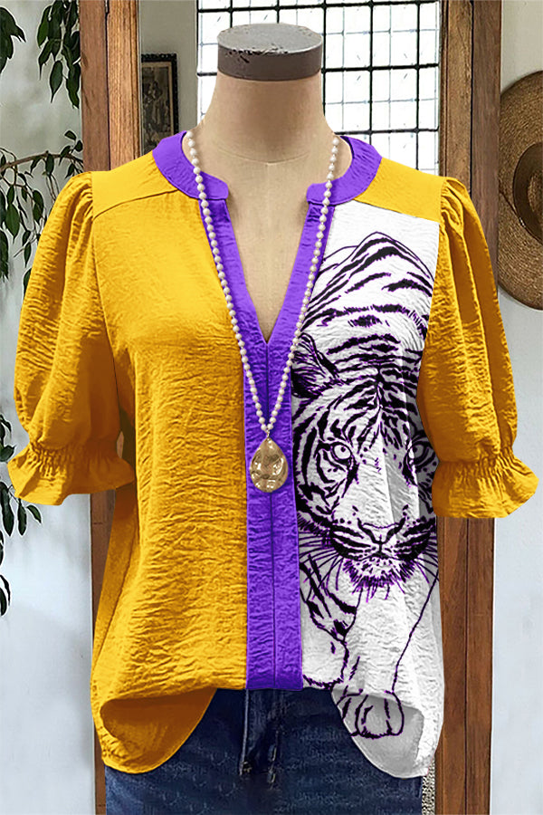 Chic Purple Tiger Print Puff Sleeve Blouse