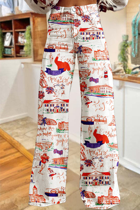 Game Day Orange and Purple Tiger Print Wide-Leg Pants