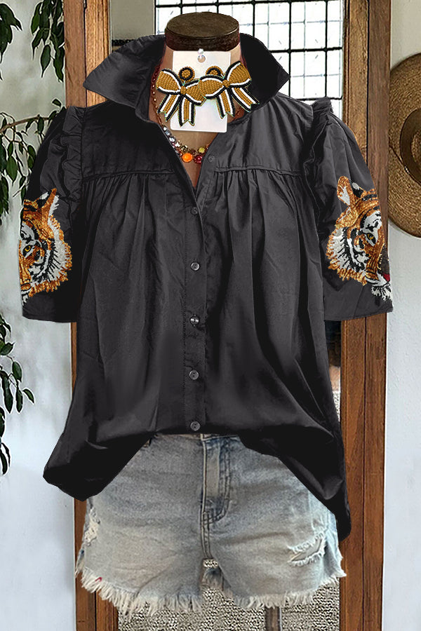 Tiger Head Print Puff Sleeve Blouse