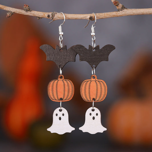 Halloween Ghost Pumpkin Bat Earrings Female Personality Earrings Double-Sided Wooden Earrings Earrings