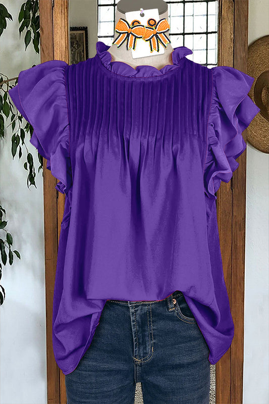 Purple Gameday Ruffled Sleeve Paneled Pleated Blouse