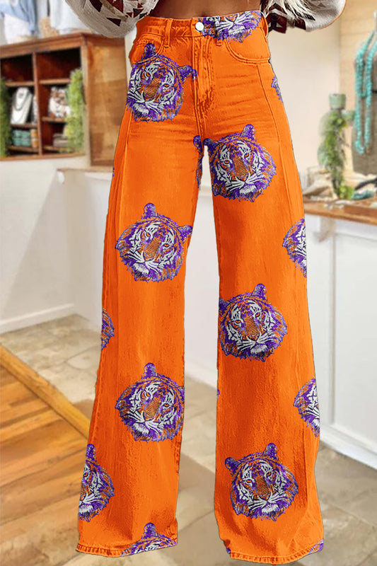 Game Day Orange and Purple Tiger Print Wide-Leg Pants