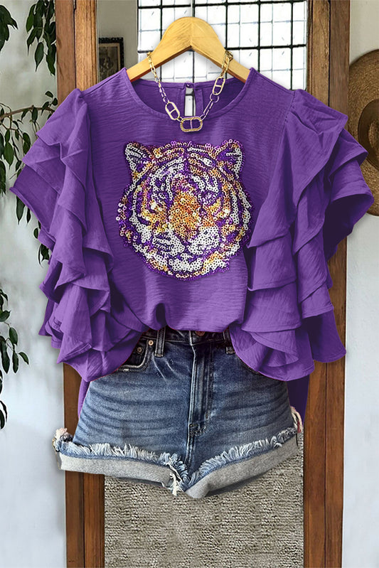 Game Day Purple and Gold Tiger Print Multi-Layer Fly Sleeve Blouse
