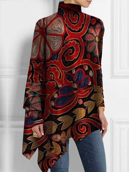 Turtleneck Allover Floral Print Asymmetrical Hem Top