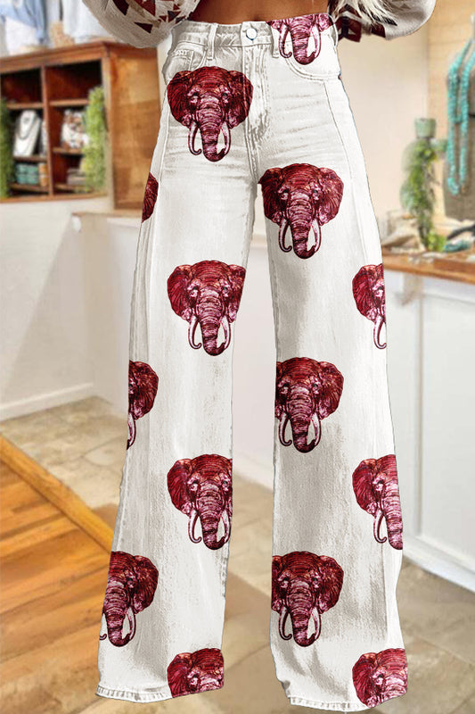 Classic Game Day Red and White Elephant Print Wide-Leg Pants