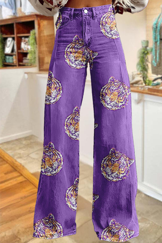 Game Day Purple and Gold Tiger Print Wide Leg Pants