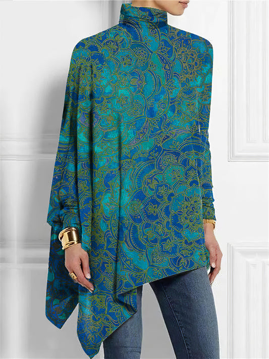 Abstract Floral Printed Turtleneck Asymmetrical Hem Top