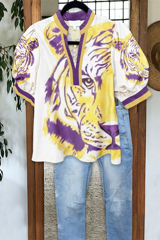 Classic Game Day Purple and Gold Tiger Print Puff Sleeve Blouse