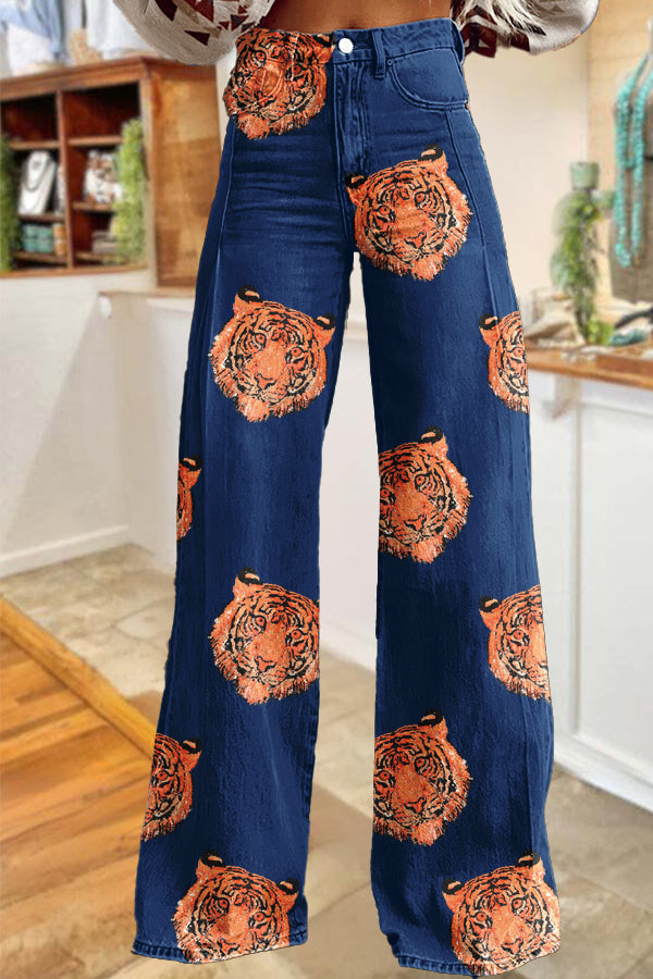 Game Day Navy Orange Tiger Print Wide-Leg Pants