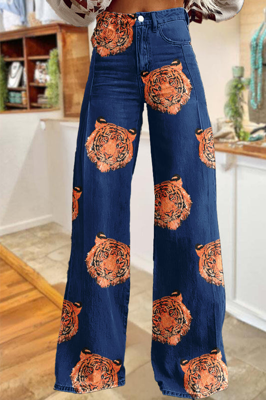 Game Day Navy Orange Tiger Print Wide-Leg Pants