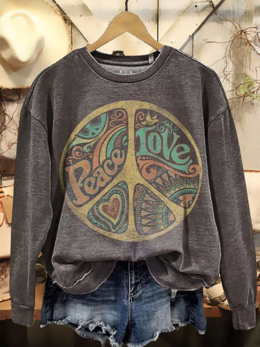 Women's Casual Peace And Love Printed Long Sleeve Sweatshirt