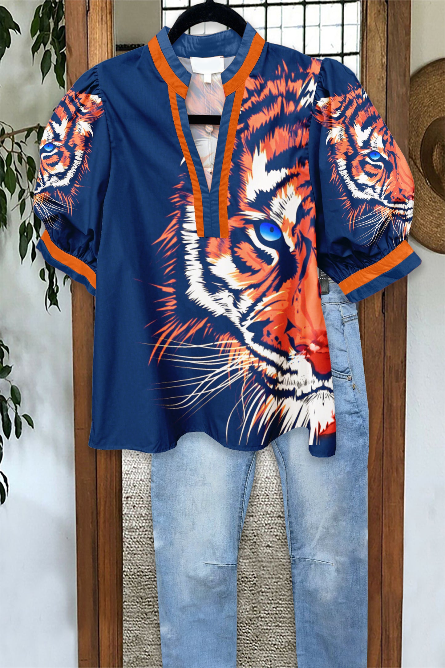 Game Day Navy Orange Tiger Puff Sleeve Blouse