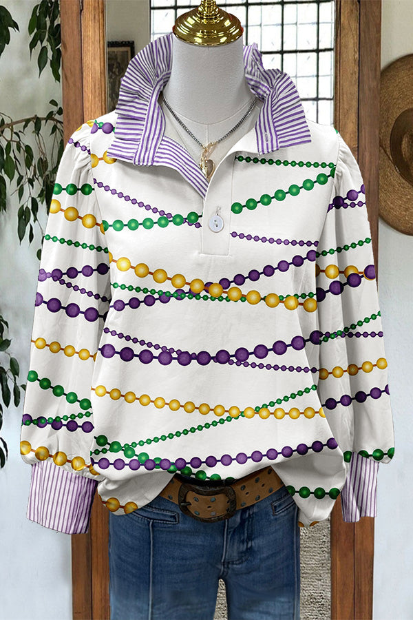 Mardi Gras Colorful Chain Striped Ruffle Blouse