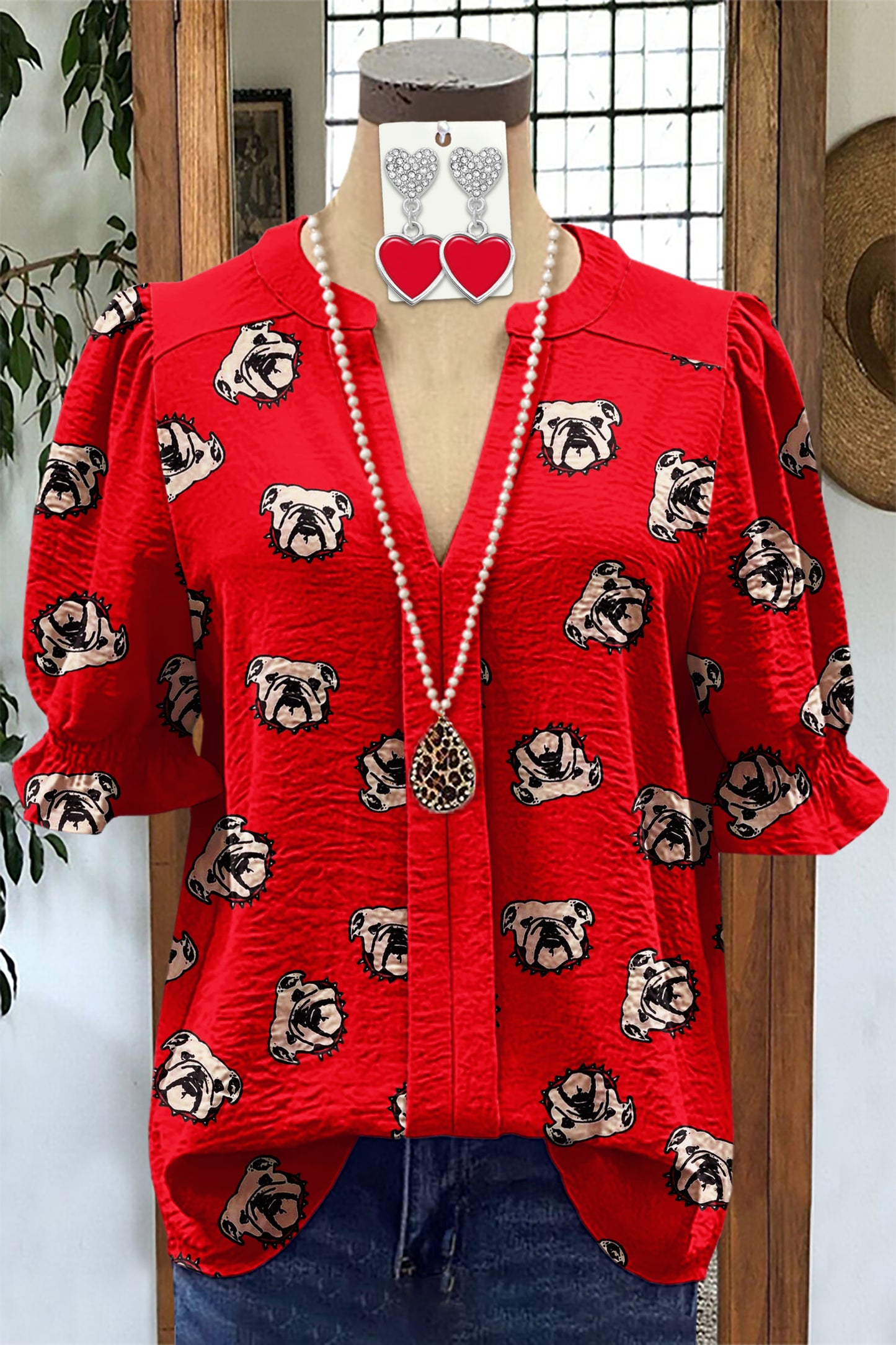Classic Bulldog Print Puff Sleeve Blouse