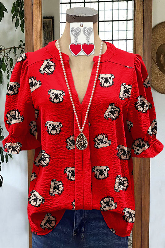 Classic Bulldog Print Puff Sleeve Blouse