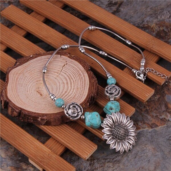 🔥 Last Day Promotion 70% OFF🔥-Sterling Silver Boho Sunflower Turquoise Necklace