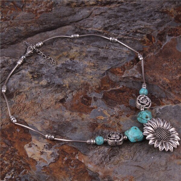 🔥 Last Day Promotion 70% OFF🔥-Sterling Silver Boho Sunflower Turquoise Necklace