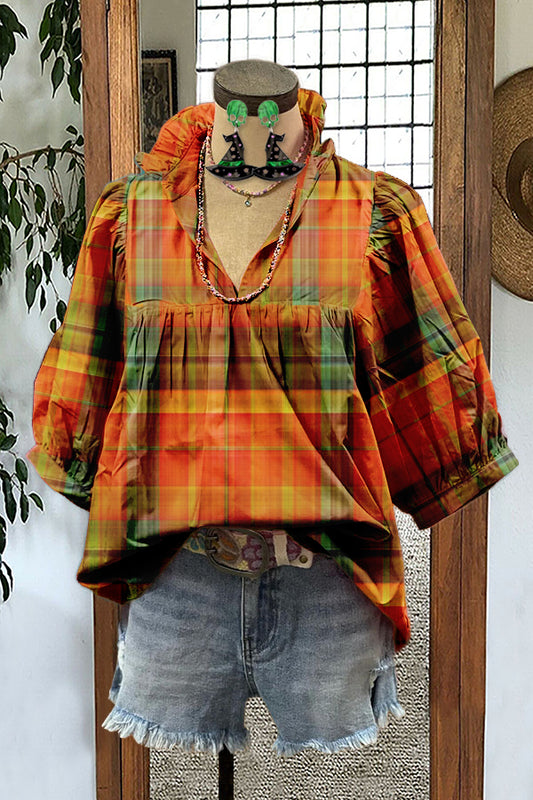 Classic Halloween Plaid Puff Sleeve Blouse