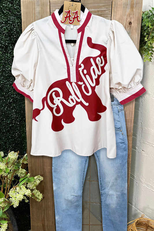 Gameday Red And White Elephant Roll Tide Puff Sleeve Blouse