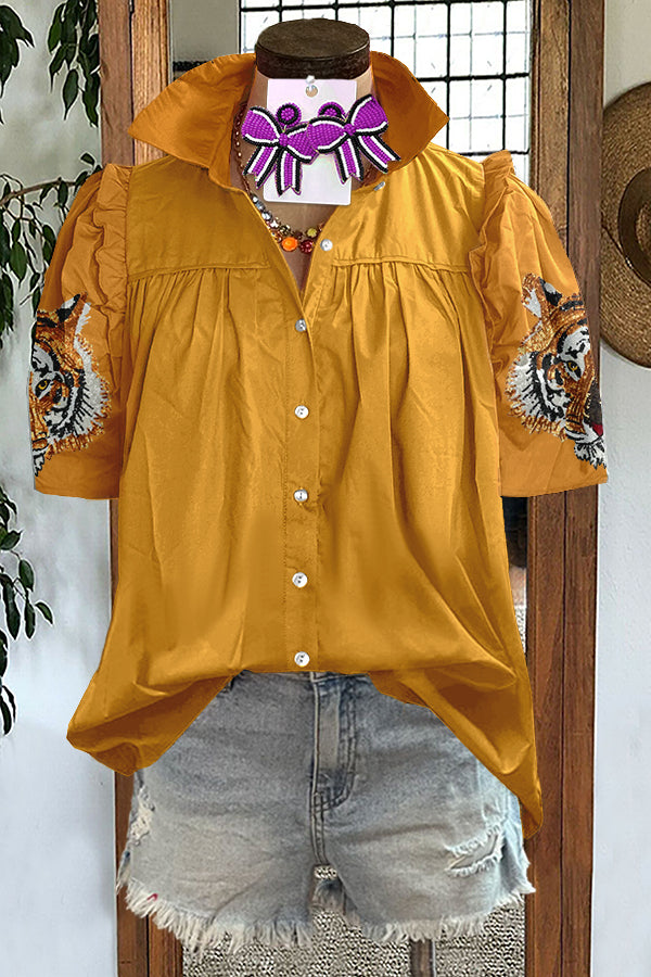 Tiger Head Print Puff Sleeve Blouse