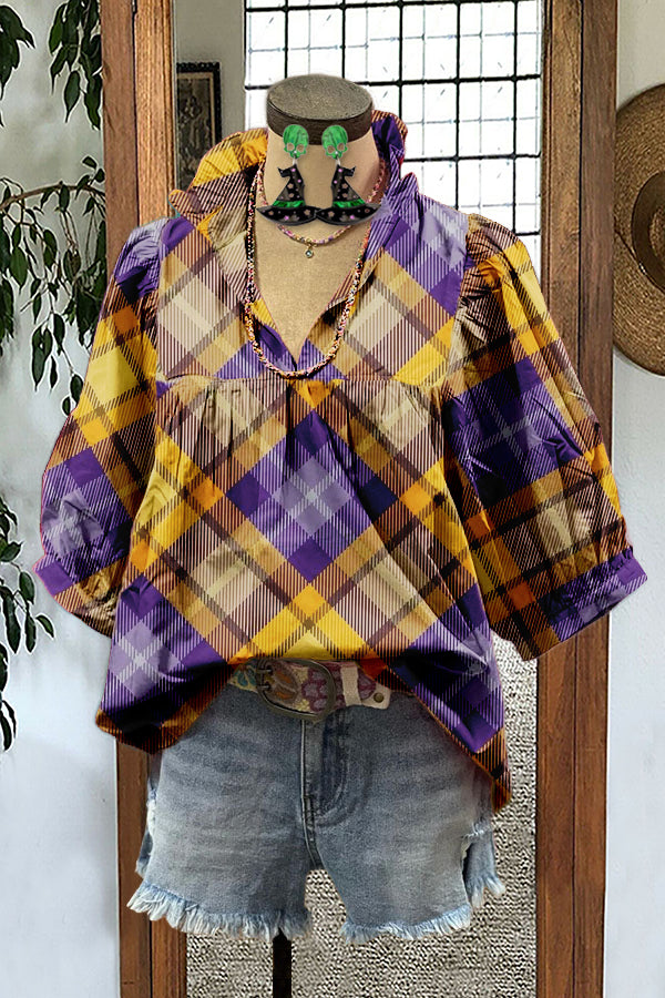 Classic Halloween Plaid Puff Sleeve Blouse