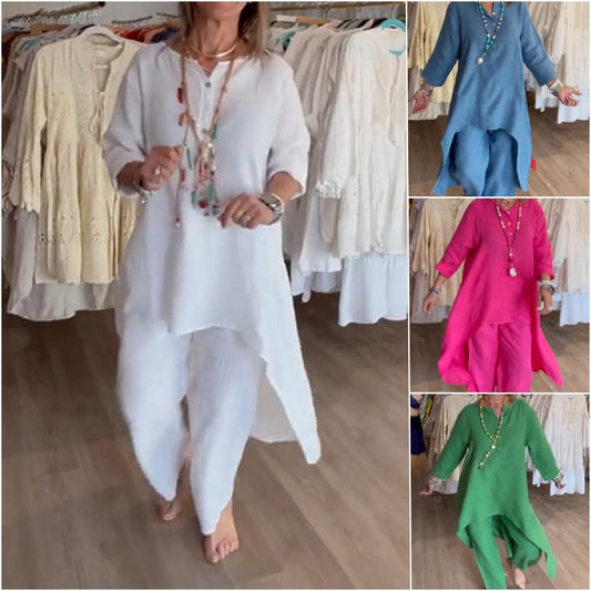 Solid Color Casual Long-Sleeved Cotton And Linen Women's Two-Piece Suit