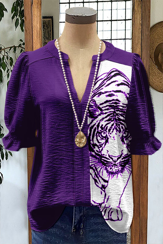 Chic Purple Tiger Print Puff Sleeve Blouse