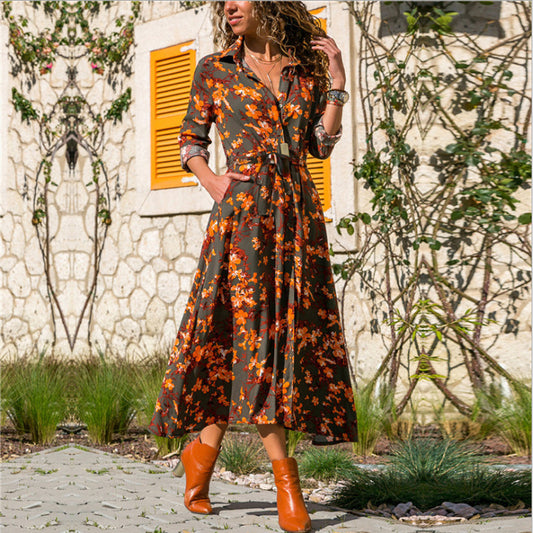 Casual Single-breasted Tropical Plant Print Dress