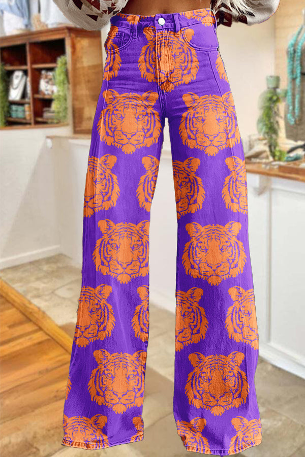 Game Day Orange and Purple Tiger Print Wide-Leg Pants