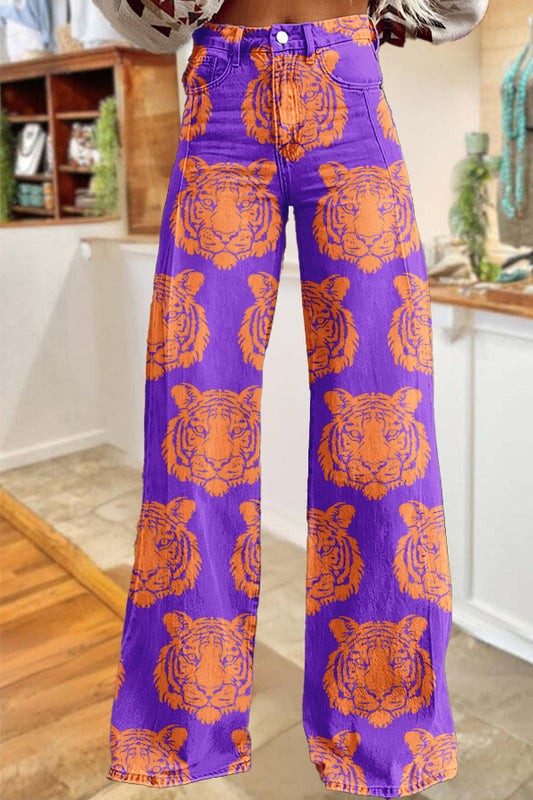 Game Day Orange and Purple Tiger Print Wide-Leg Pants