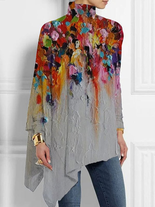 Turtleneck Color Oil Painting Long Sleeve Asymmetrical Hem Top