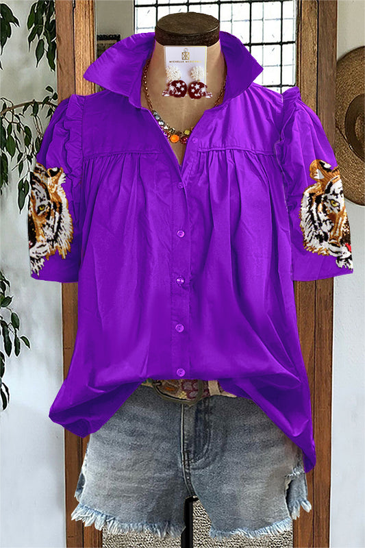 Tiger Head Print Puff Sleeve Blouse
