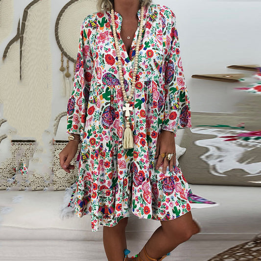 Floral Print Stand Collar Button Ruffled Multicolor Multi-size Loose Dress