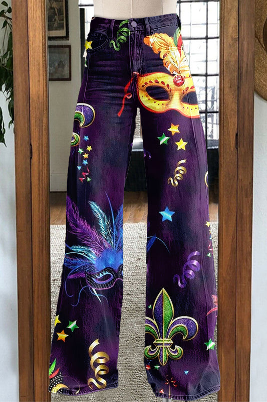 Carnival Mask Feather Wide Leg Pants