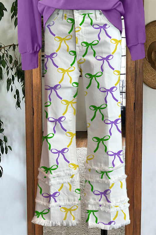 Mardi Gras Bow Print Raw Hem Pants