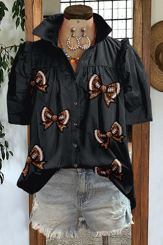 Gameday Football Bow Print Puff Sleeve Blouse