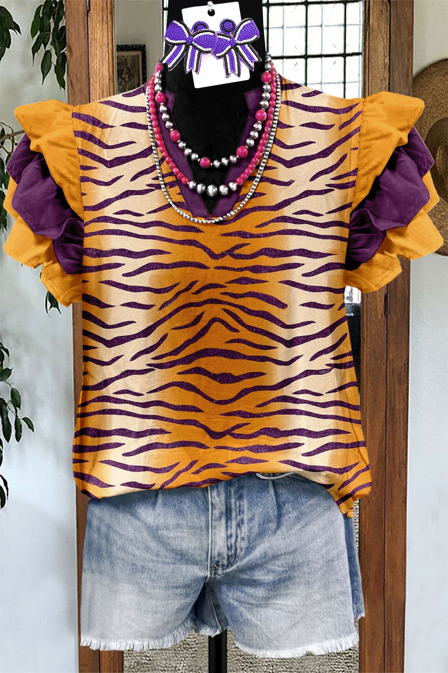 Casual Tiger Stripes Print Flying Sleeve Blouse