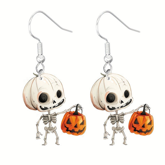 Halloween Cute Spooky Pumpkin Cat Skeleton Earrings