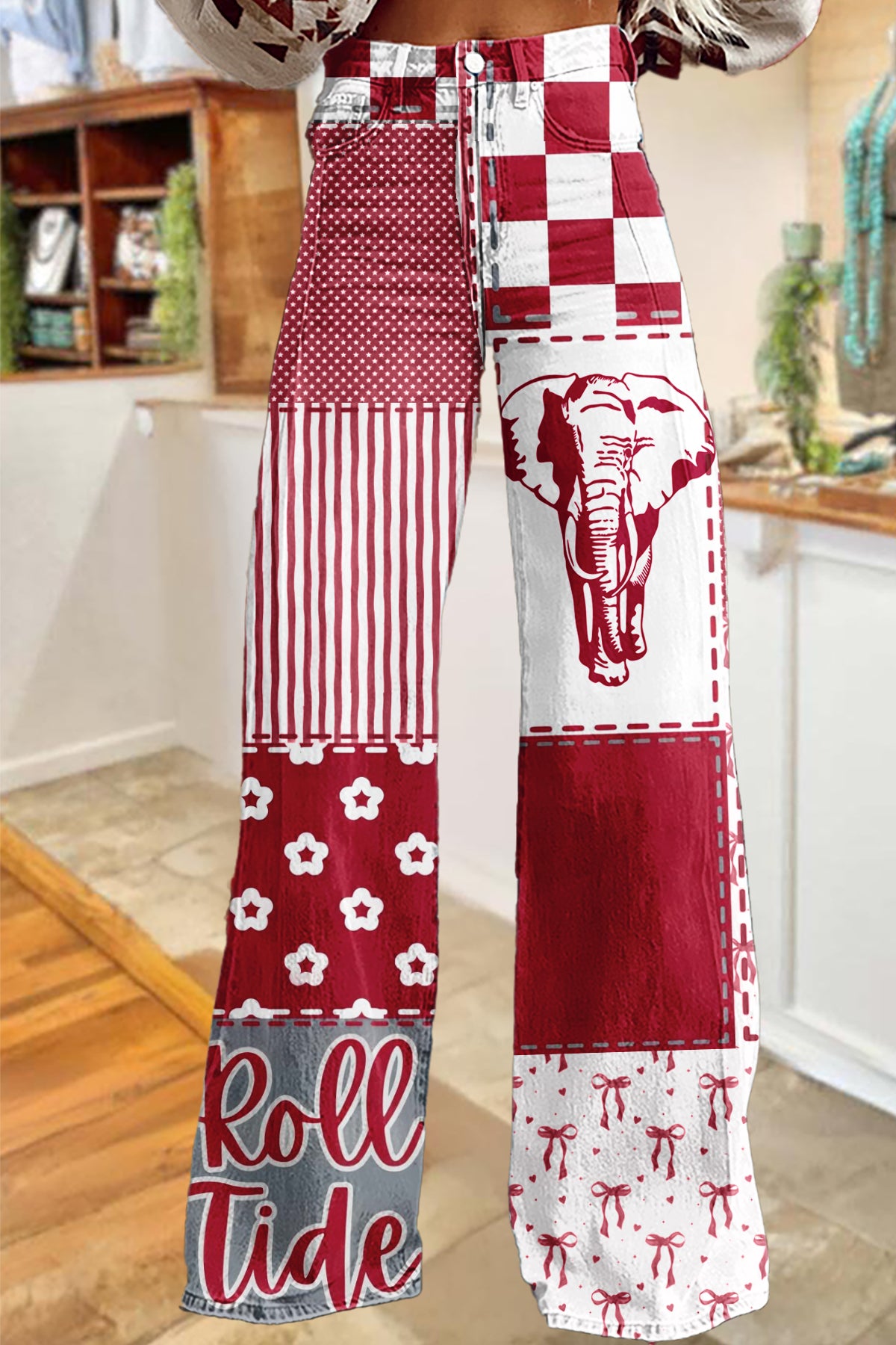 Game Day Red and White Elephant Wide-Leg Pants