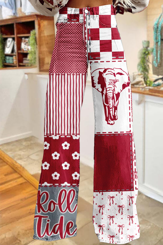 Game Day Red and White Elephant Wide-Leg Pants