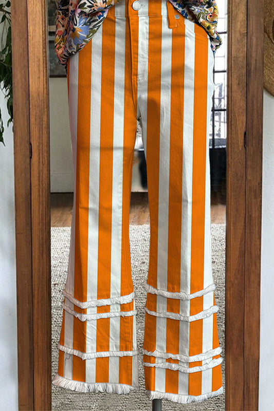 Striped Layered Fringed Hem Game Day Pants