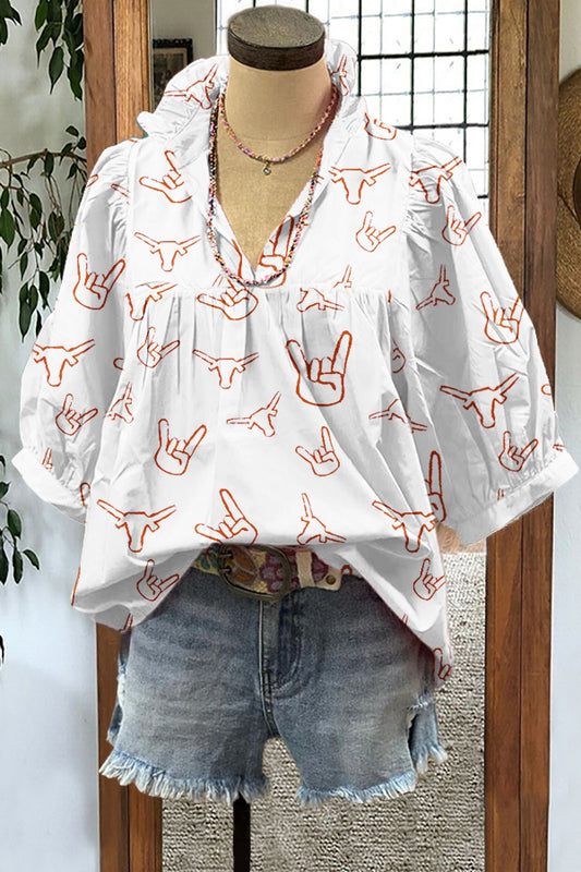 Classic Texas Longhorn Print Puff Sleeve Blouse