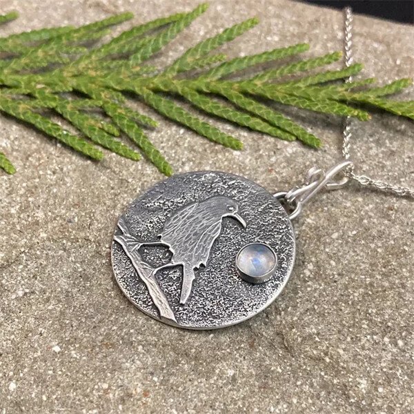 Sterling Silver Bird Signet Moonstone Pendant Necklace