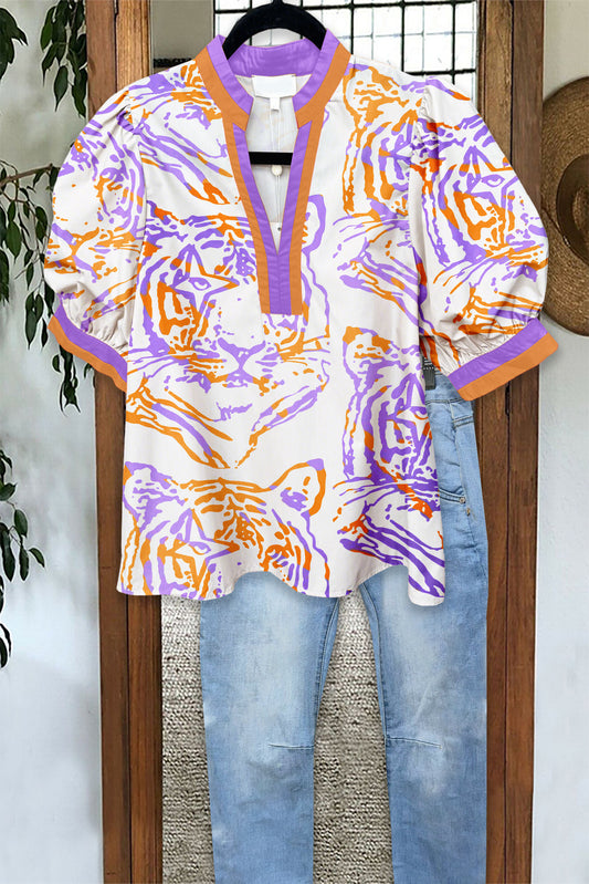 Game Day Purple and Orange Tiger Print Puff Sleeve Blouse
