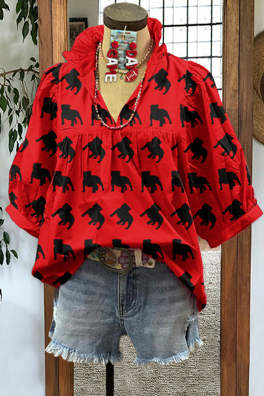 Classic Georgia Bulldog Print Puff Sleeve Blouse