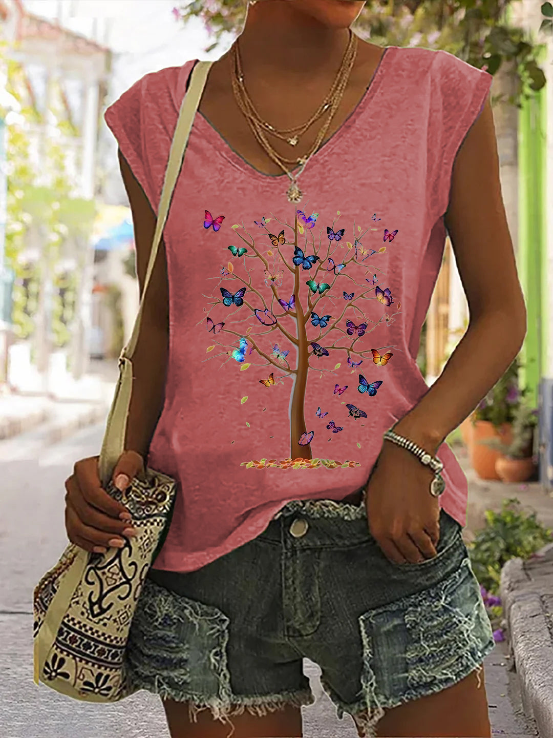 Dead Tree Full Of Butterflies Print V-neck Women's Vest