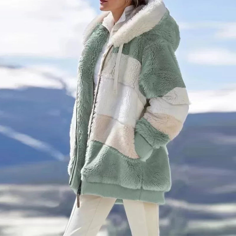 Women's Loose Multicolor Plush Zip Hooded Jacket