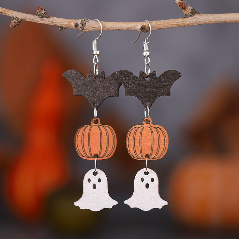 Halloween Ghost Pumpkin Bat Earrings Female Personality Earrings Double-Sided Wooden Earrings Earrings