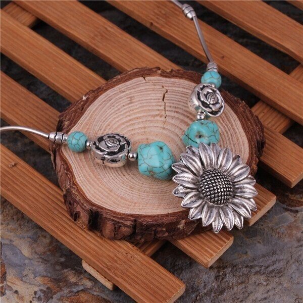 🔥 Last Day Promotion 70% OFF🔥-Sterling Silver Boho Sunflower Turquoise Necklace
