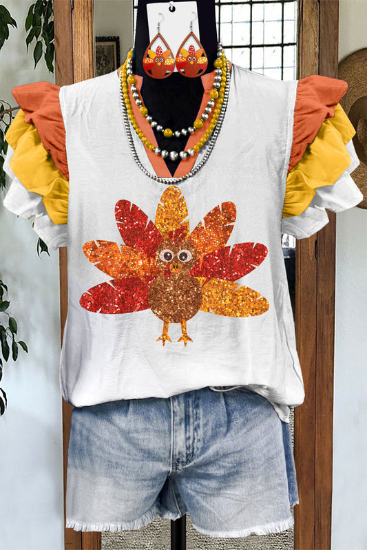 Classic Thanksgiving Turkey Print Fly Sleeve Blouse